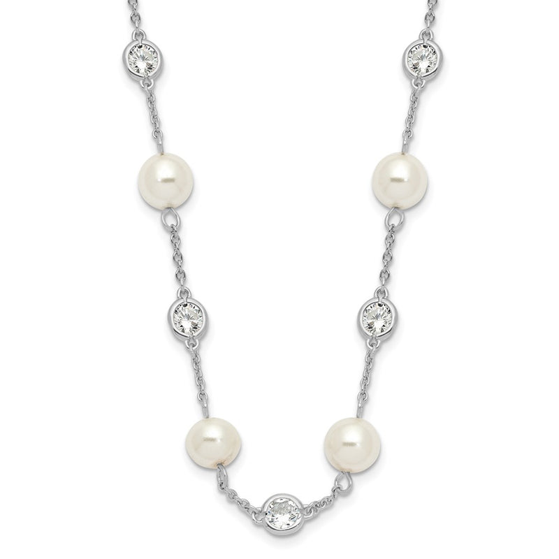 Sterling Silver Cheryl M Rhodium-Plated Glass Pearl And Brilliant-Cut Cz Bezel Station 36 Inch Necklace