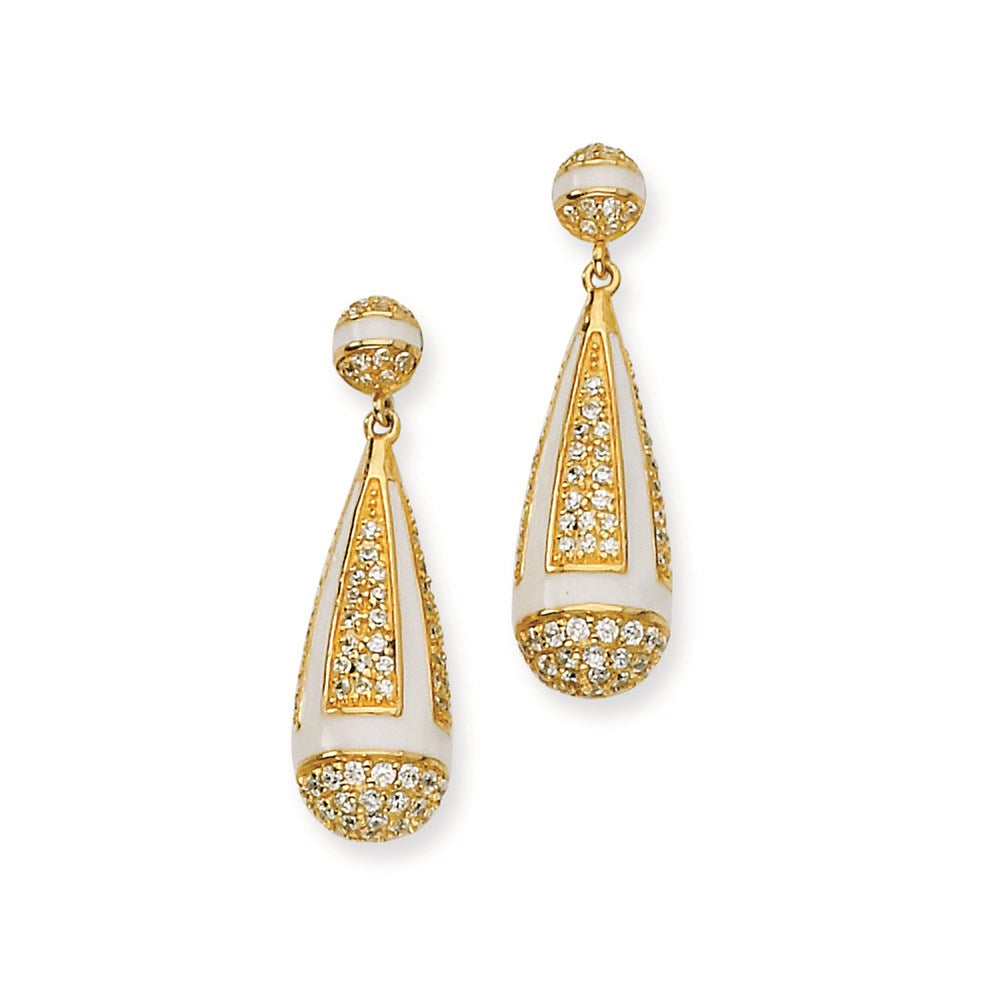 Sterling Silver Cz Gold-Plated Enamel Dangle Post Earrings
