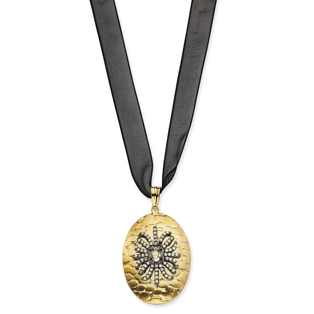 Sterling Silver Cz Gold Plate & Black Necklace