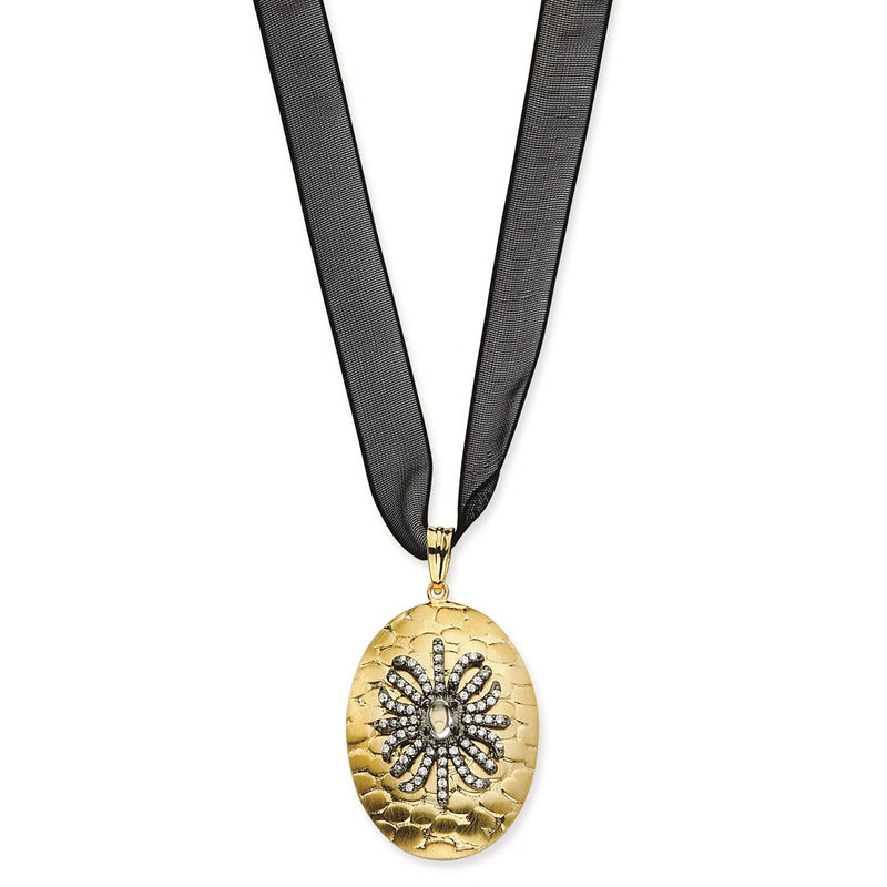 Sterling Silver Cz Gold Plate & Black Necklace