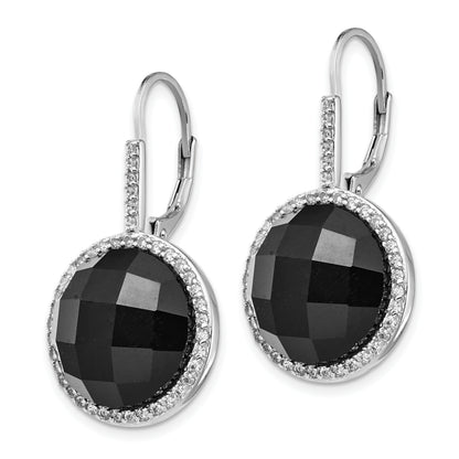 Sterling Silver Cheryl M Rhodium-Plated Checker-Cut Onyx And Brilliant-Cut White Cz Round Halo Dangle Leverback Earrings