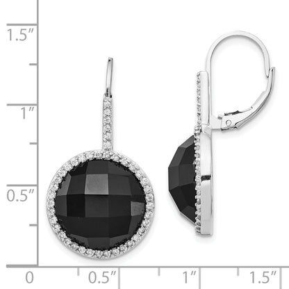 Sterling Silver Cheryl M Rhodium-Plated Checker-Cut Onyx And Brilliant-Cut White Cz Round Halo Dangle Leverback Earrings