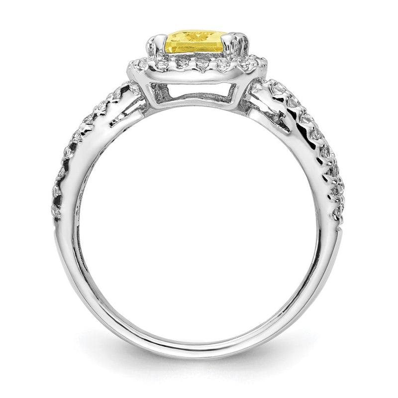 Sterling Silver Cheryl M Rhodium-Plated Fancy Yellow Elongated Cushion-Cut And White Brilliant-Cut Cz Halo Ring