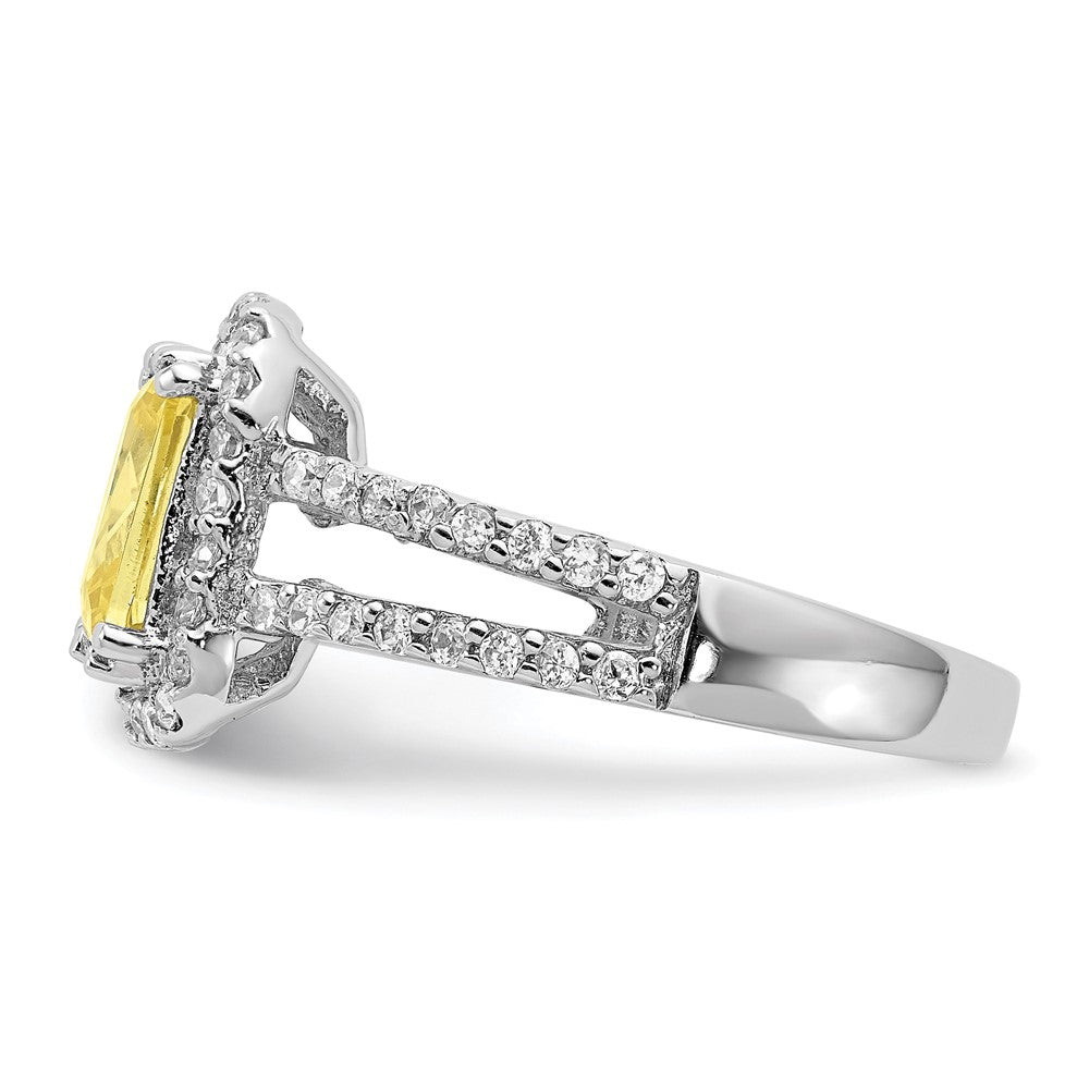 Sterling Silver Cheryl M Rhodium-Plated Fancy Yellow Elongated Cushion-Cut And White Brilliant-Cut Cz Halo Ring