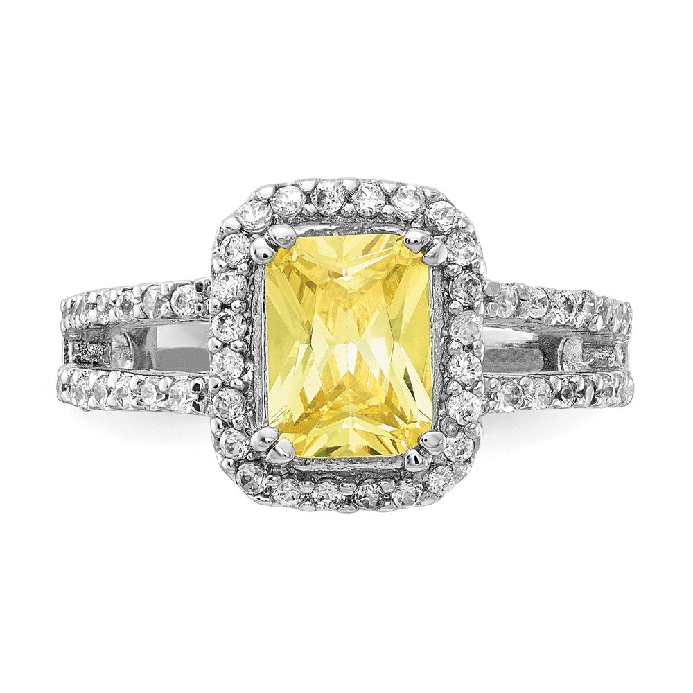 Sterling Silver Cheryl M Rhodium-Plated Fancy Yellow Elongated Cushion-Cut And White Brilliant-Cut Cz Halo Ring
