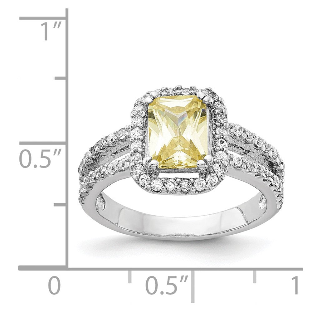 Sterling Silver Cheryl M Rhodium-Plated Fancy Yellow Elongated Cushion-Cut And White Brilliant-Cut Cz Halo Ring