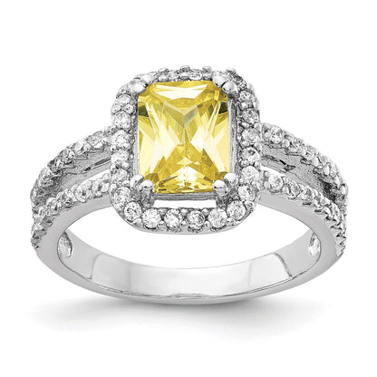 Sterling Silver Cheryl M Rhodium-Plated Fancy Yellow Elongated Cushion-Cut And White Brilliant-Cut Cz Halo Ring
