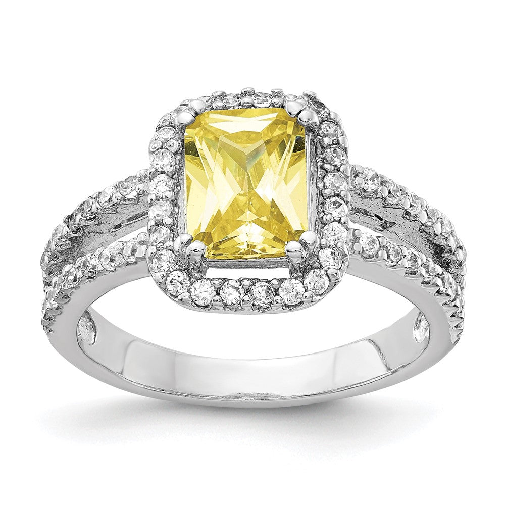 Sterling Silver Cheryl M Rhodium-Plated Fancy Yellow Elongated Cushion-Cut And White Brilliant-Cut Cz Halo Ring