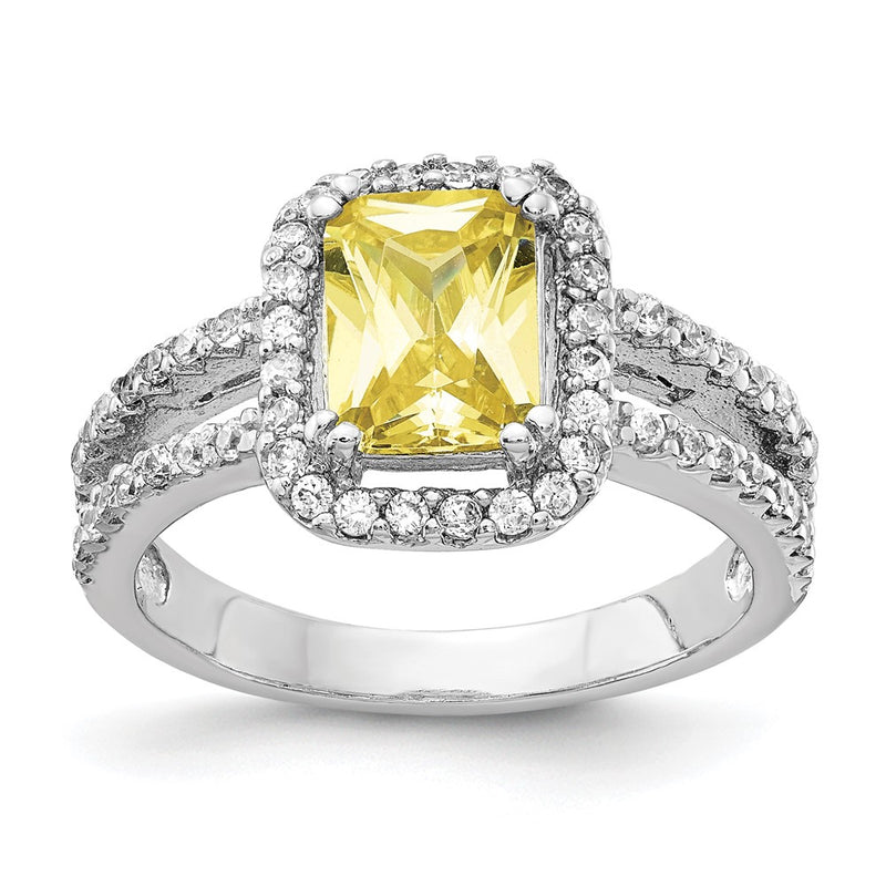 Sterling Silver Cheryl M Rhodium-Plated Fancy Yellow Elongated Cushion-Cut And White Brilliant-Cut Cz Halo Ring