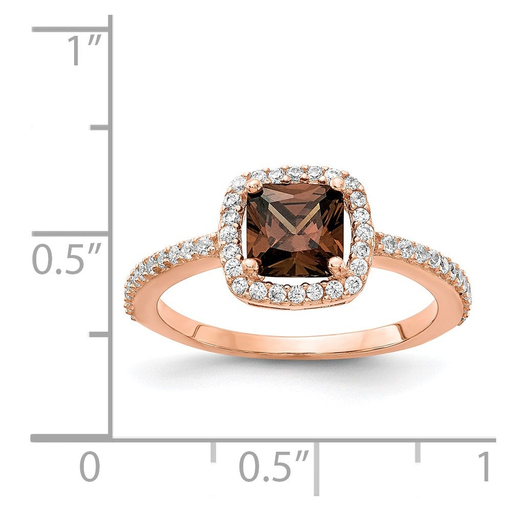 Sterling Silver Cheryl M Rose Gold-Plated Cocoa Cushion-Cut And White Brilliant-Cut Cz Halo Ring