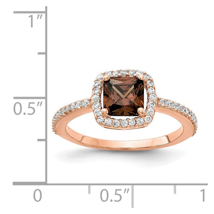 Sterling Silver Cheryl M Rose Gold-Plated Cocoa Cushion-Cut And White Brilliant-Cut Cz Halo Ring