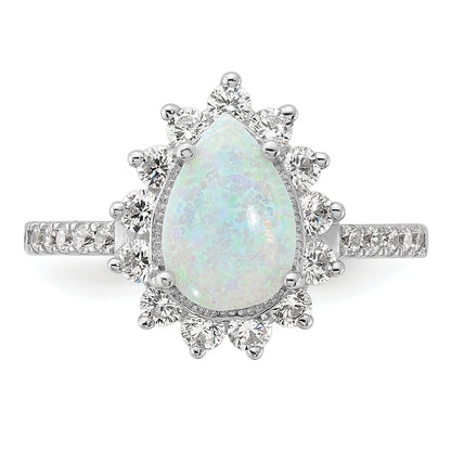 Sterling Silver Cheryl M Rhodium-Plated Cabochon Lab Created Opal And Brilliant-Cut Cz Teardrop Halo Ring