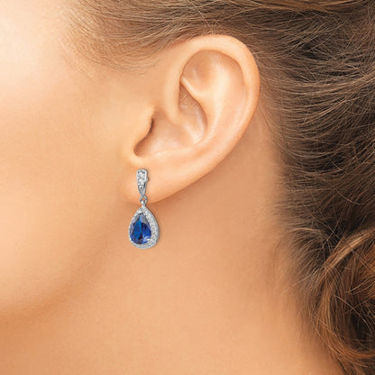 Sterling Silver Cheryl M Rhodium-Plated Brilliant-Cut Lab Created Dark Blue Spinel And White Cz Teardrop Post Dangle Earrings