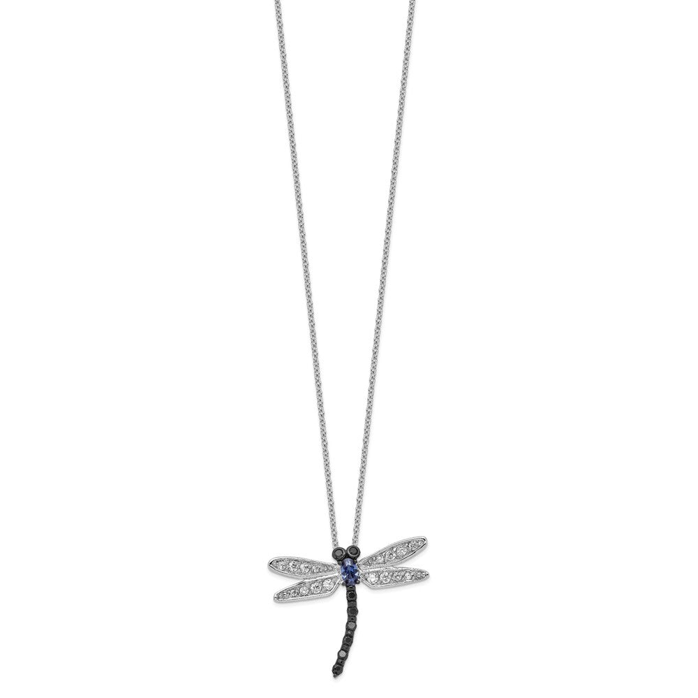 Sterling Silver Cheryl M Rhodium-Plated With Black Rhodium Accent Brilliant-Cut White And Blue Cz Dragonfly 18 Inch Necklace