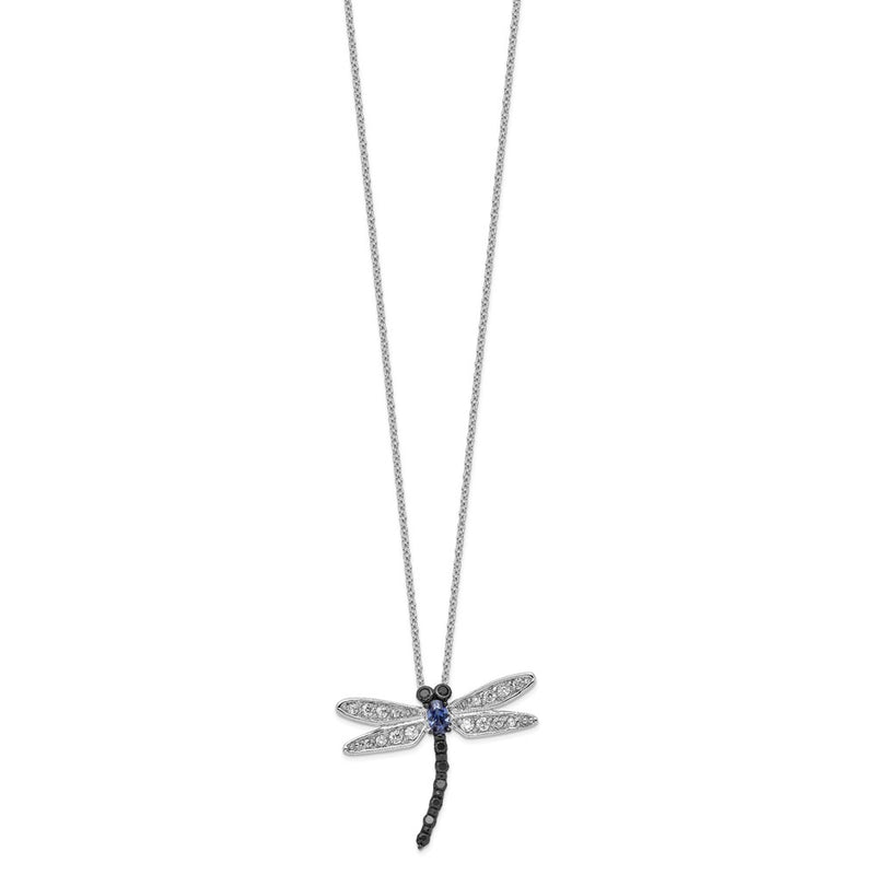 Sterling Silver Cheryl M Rhodium-Plated With Black Rhodium Accent Brilliant-Cut White And Blue Cz Dragonfly 18 Inch Necklace