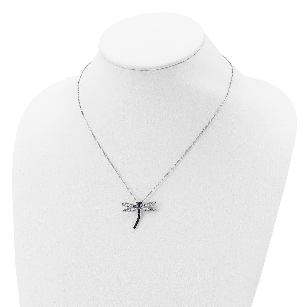 Sterling Silver Cheryl M Rhodium-Plated With Black Rhodium Accent Brilliant-Cut White And Blue Cz Dragonfly 18 Inch Necklace
