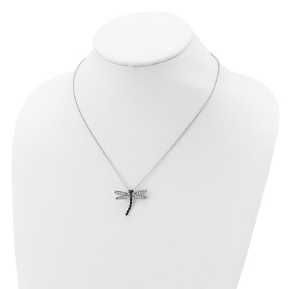 Sterling Silver Cheryl M Rhodium-Plated With Black Rhodium Accent Brilliant-Cut White And Blue Cz Dragonfly 18 Inch Necklace