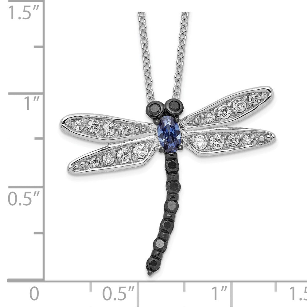 Sterling Silver Cheryl M Rhodium-Plated With Black Rhodium Accent Brilliant-Cut White And Blue Cz Dragonfly 18 Inch Necklace