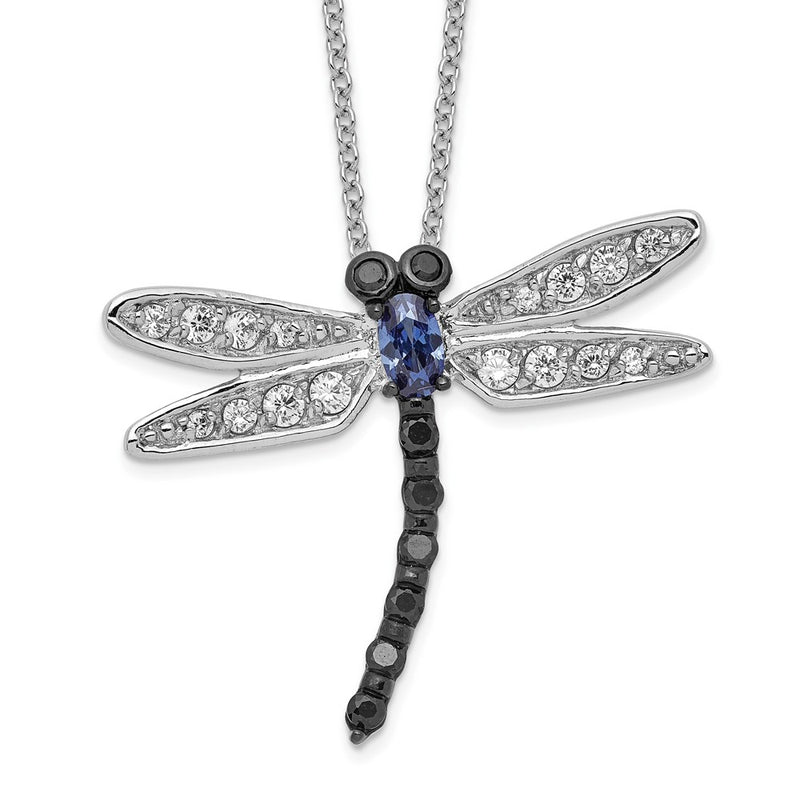 Sterling Silver Cheryl M Rhodium-Plated With Black Rhodium Accent Brilliant-Cut White And Blue Cz Dragonfly 18 Inch Necklace