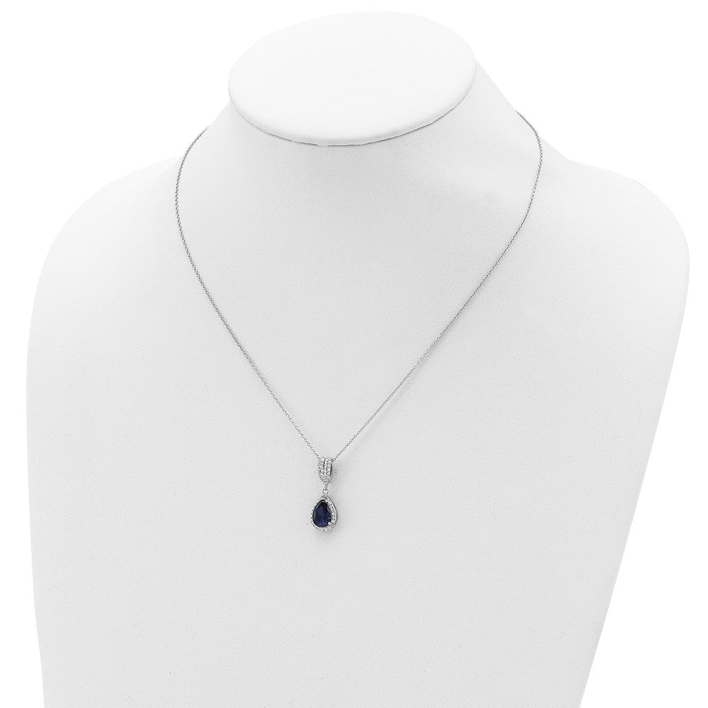 Sterling Silver Cheryl M Rhodium-Plated Brilliant-Cut Lab Created Dark Blue Spinel And White Cz Teardrop Halo 18 Inch Necklace