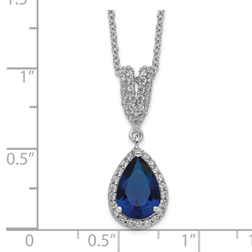 Sterling Silver Cheryl M Rhodium-Plated Brilliant-Cut Lab Created Dark Blue Spinel And White Cz Teardrop Halo 18 Inch Necklace