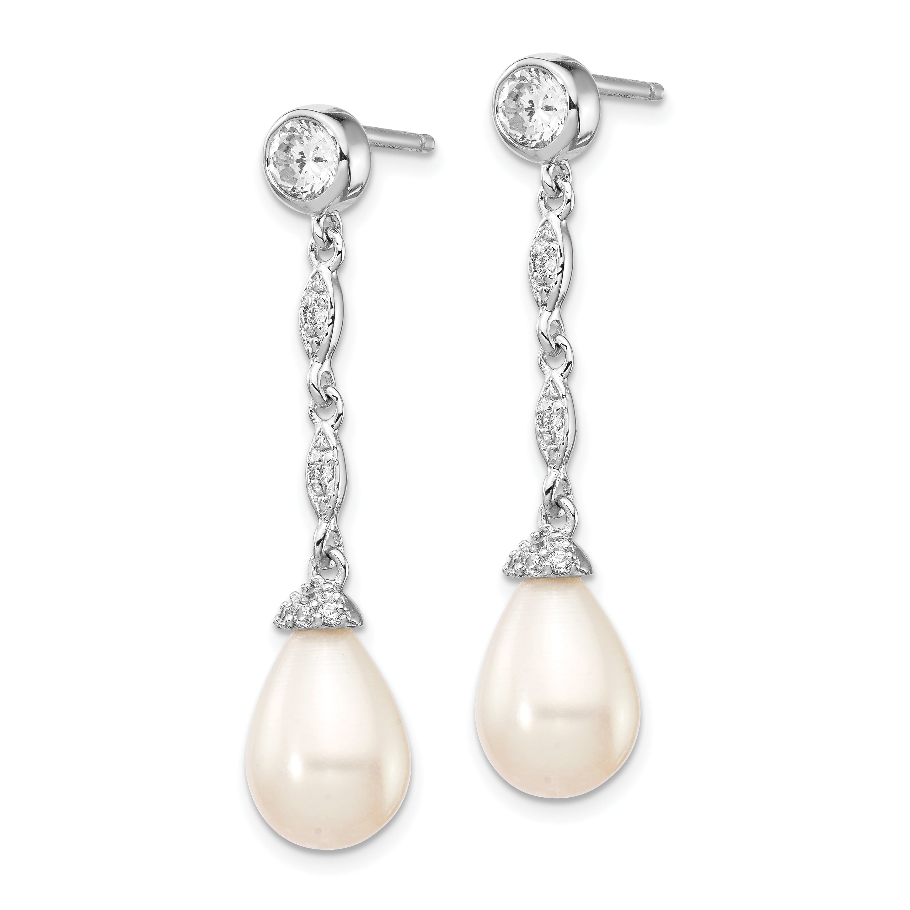 Sterling Silver Cheryl M Rhodium-Plated Teardrop Freshwater Cultured Pearl And Brilliant-Cut Cz Post Dangle Earrings
