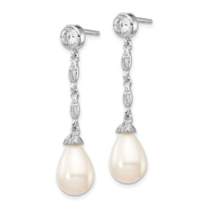 Sterling Silver Cheryl M Rhodium-Plated Teardrop Freshwater Cultured Pearl And Brilliant-Cut Cz Post Dangle Earrings