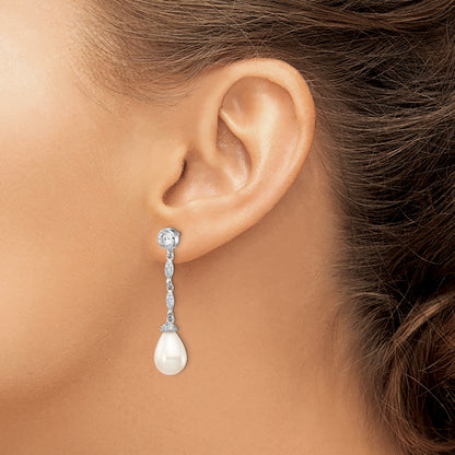 Sterling Silver Cheryl M Rhodium-Plated Teardrop Freshwater Cultured Pearl And Brilliant-Cut Cz Post Dangle Earrings