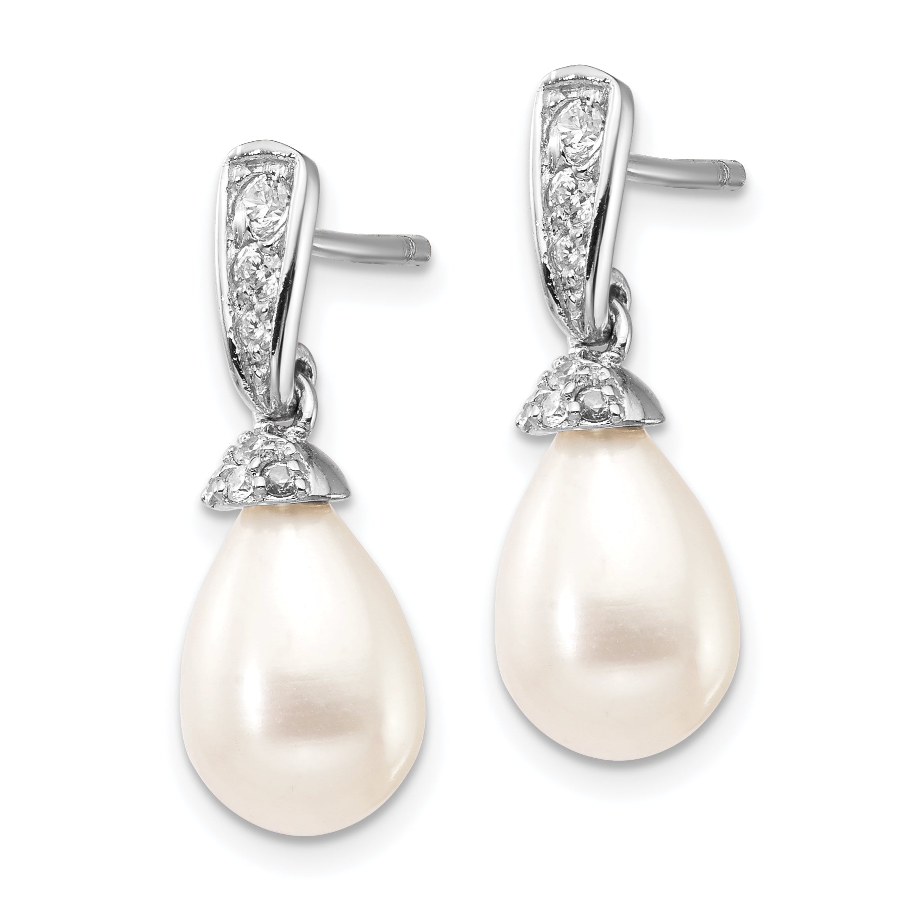 Sterling Silver Cheryl M Rhodium-Plated Teardrop White Freshwater Cultured Pearl And Brilliant-Cut Cz Post Dangle Earrings