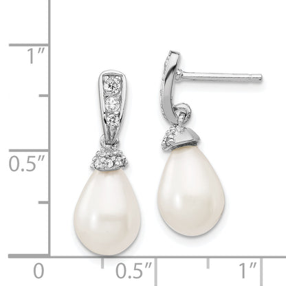 Sterling Silver Cheryl M Rhodium-Plated Teardrop White Freshwater Cultured Pearl And Brilliant-Cut Cz Post Dangle Earrings