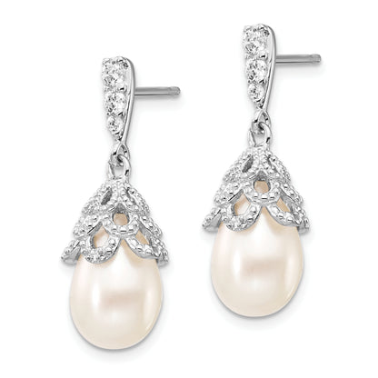 Sterling Silver Cheryl M Rhodium-Plated Teardrop White Freshwater Cultured Pearl And Brilliant-Cut Cz Post Dangle Earrings