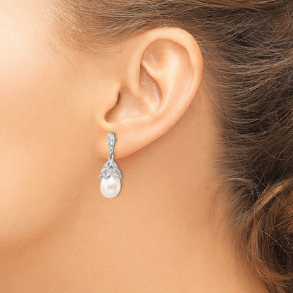 Sterling Silver Cheryl M Rhodium-Plated Teardrop White Freshwater Cultured Pearl And Brilliant-Cut Cz Post Dangle Earrings