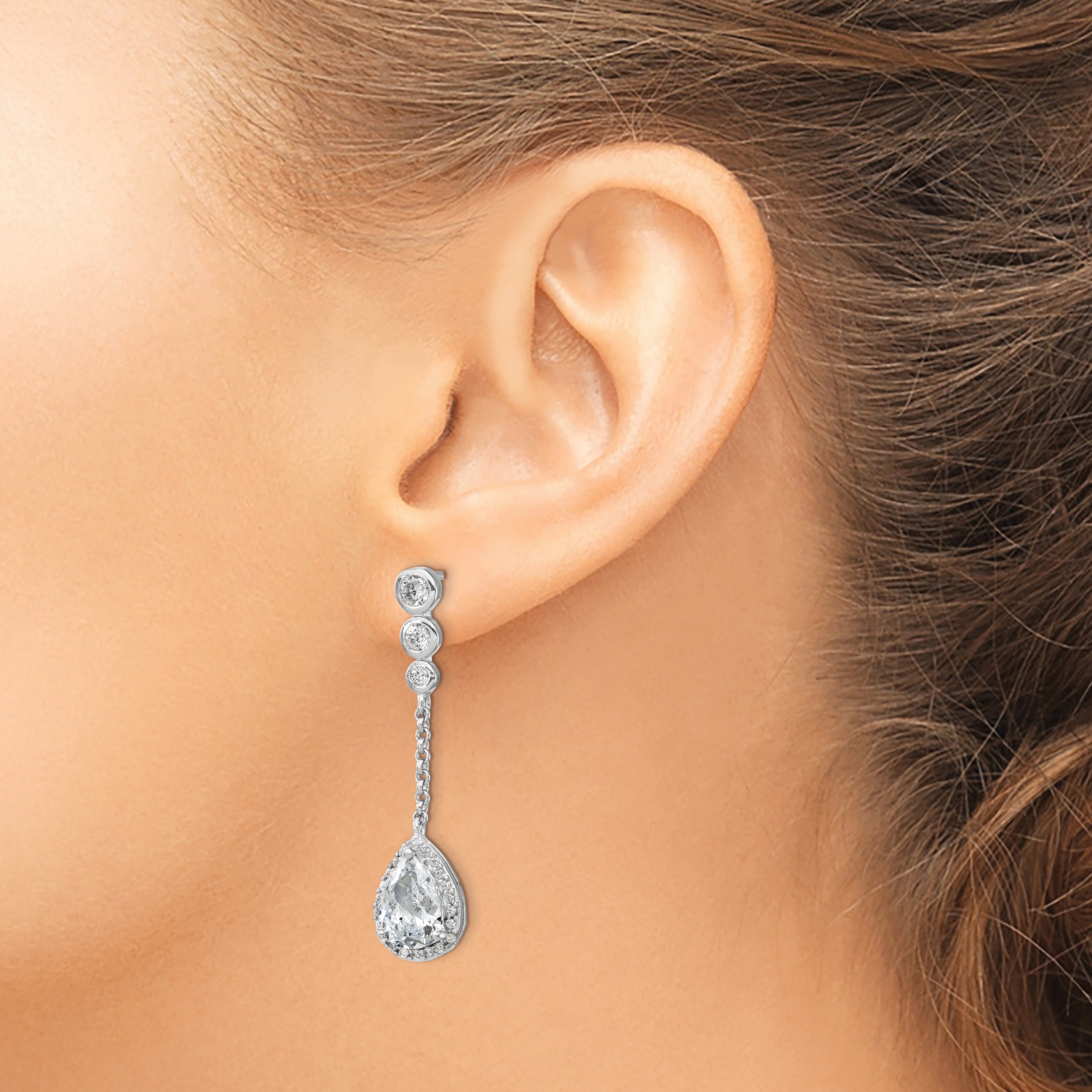 Sterling Silver Cheryl M Rhodium-Plated Brilliant-Cut Cz Bezel & Teardrop Halo Post Dangle Earrings