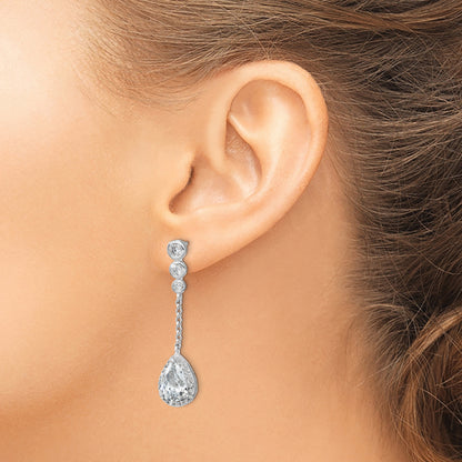 Sterling Silver Cheryl M Rhodium-Plated Brilliant-Cut Cz Bezel & Teardrop Halo Post Dangle Earrings