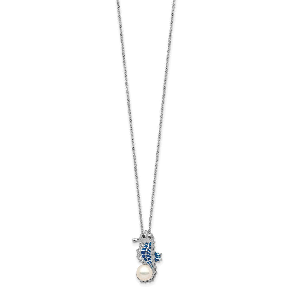 Sterling Silver Cheryl M Rhodium-Plated Enameled Freshwater Cultured Pearl And Brilliant-Cut Cz Seahorse 18 Inch Necklace