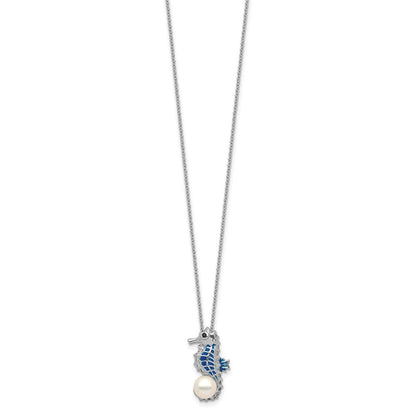 Sterling Silver Cheryl M Rhodium-Plated Enameled Freshwater Cultured Pearl And Brilliant-Cut Cz Seahorse 18 Inch Necklace