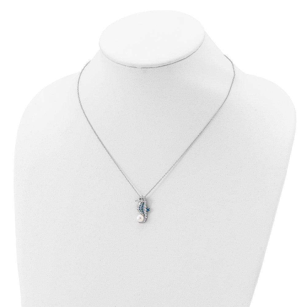 Sterling Silver Cheryl M Rhodium-Plated Enameled Freshwater Cultured Pearl And Brilliant-Cut Cz Seahorse 18 Inch Necklace