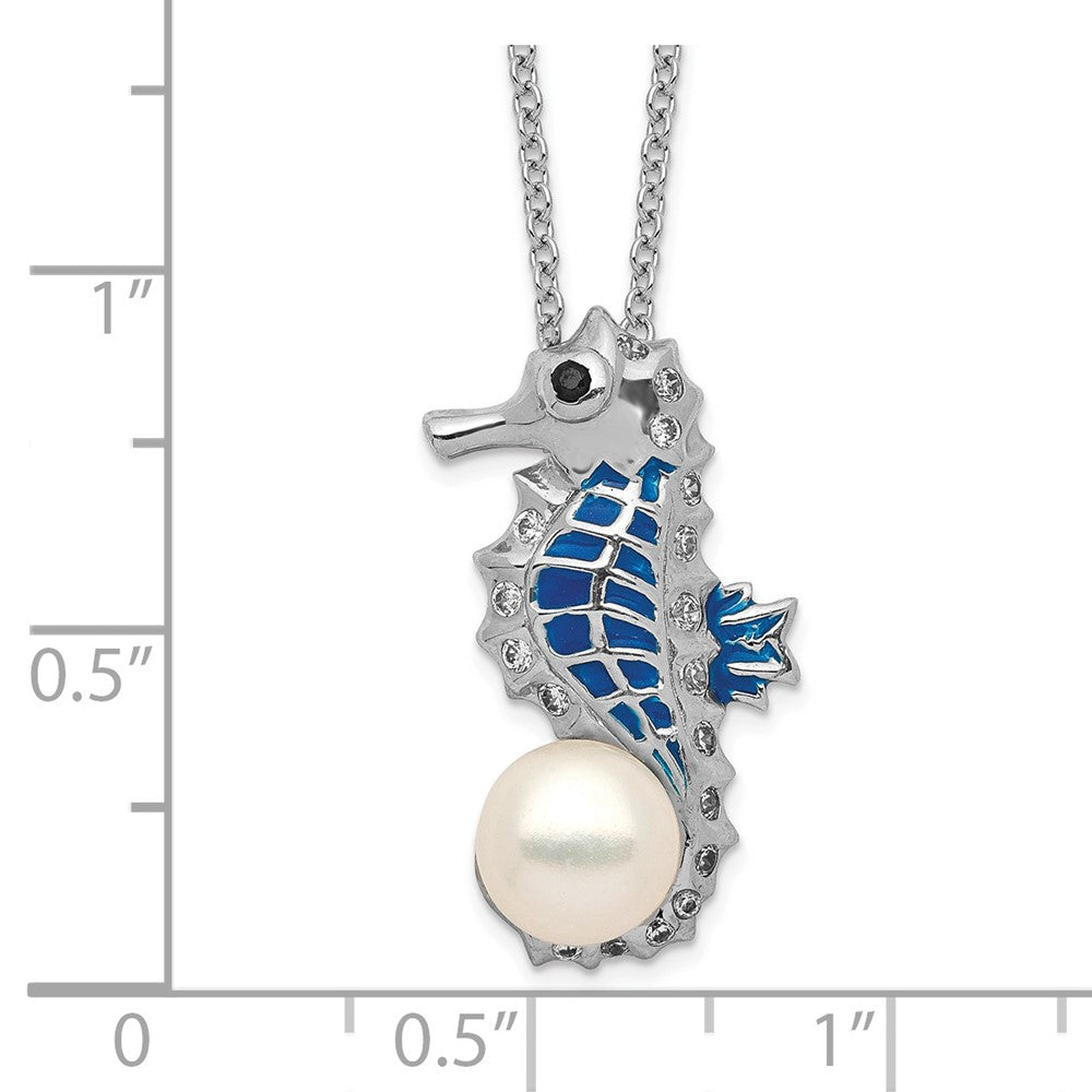 Sterling Silver Cheryl M Rhodium-Plated Enameled Freshwater Cultured Pearl And Brilliant-Cut Cz Seahorse 18 Inch Necklace