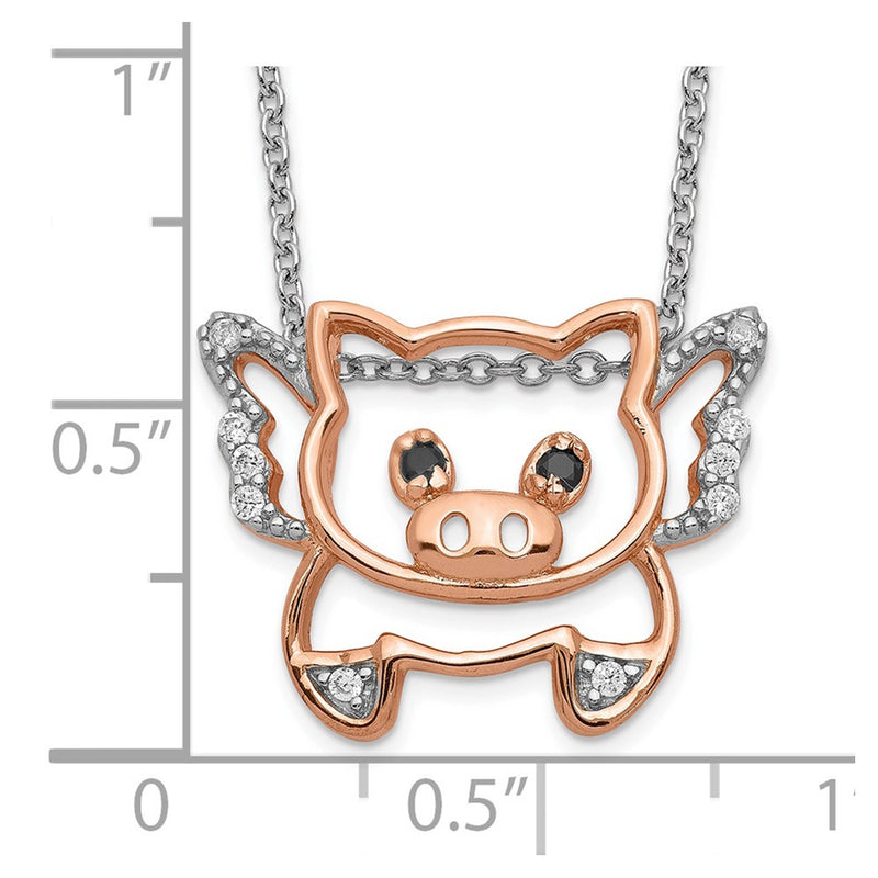 Sterling Silver Cheryl M Rose Gold-Plated Brilliant-Cut Black Glass And White Cz Flying Pig 18 Inch Necklace
