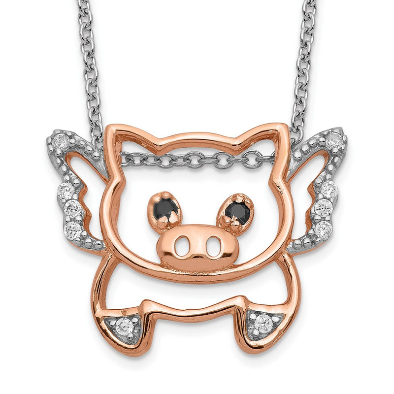 Sterling Silver Cheryl M Rose Gold-Plated Brilliant-Cut Black Glass And White Cz Flying Pig 18 Inch Necklace