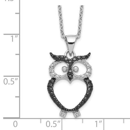Sterling Silver Cheryl M Rhodium-Plated And Black Rhodium Accent Brilliant-Cut White Cz Owl 18 Inch Necklace
