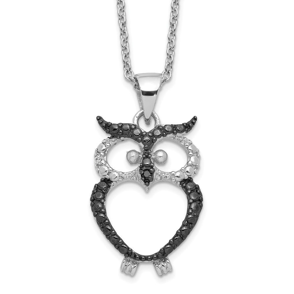 Sterling Silver Cheryl M Rhodium-Plated And Black Rhodium Accent Brilliant-Cut White Cz Owl 18 Inch Necklace