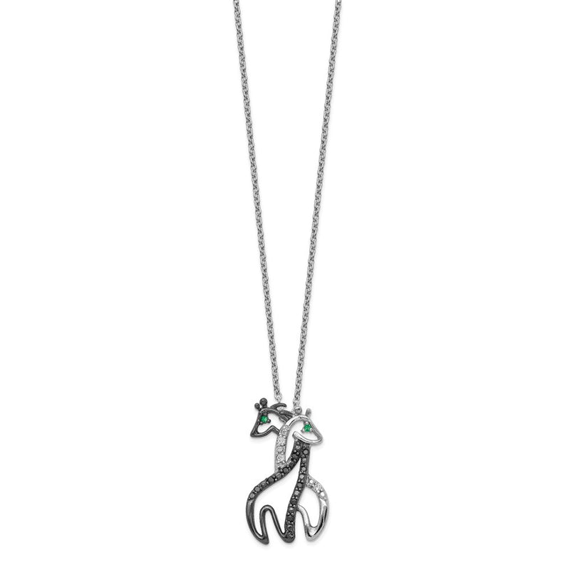 Sterling Silver Cheryl M Rhodium-Plated With Black Rhodium Accent Brilliant-Cut Green And White Cz Giraffes 18 Inch Necklace