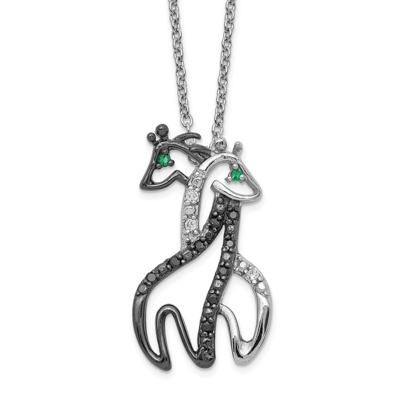 Sterling Silver Cheryl M Rhodium-Plated With Black Rhodium Accent Brilliant-Cut Green And White Cz Giraffes 18 Inch Necklace