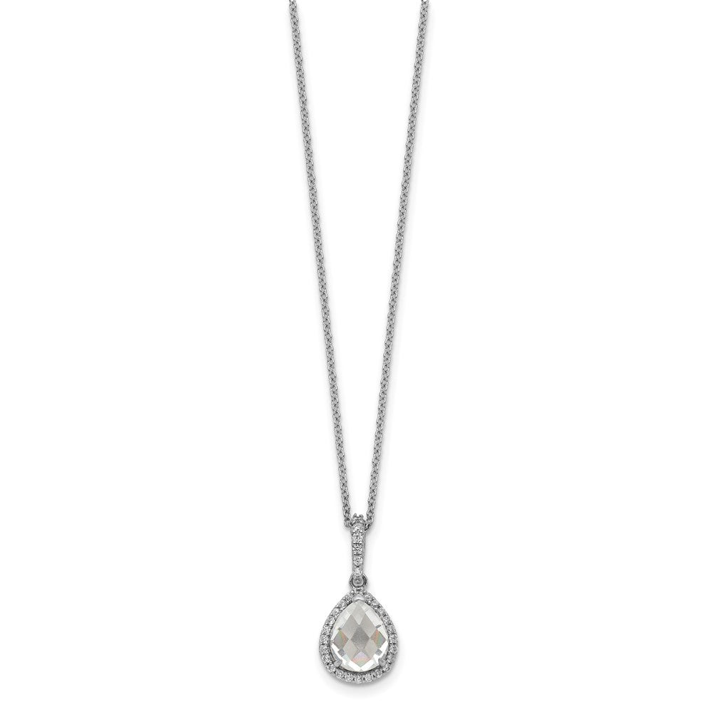 Sterling Silver Cheryl M Rhodium-Plated Checkerboard-Cut And Brilliant-Cut Cz Halo Teardrop 18 Inch Necklace