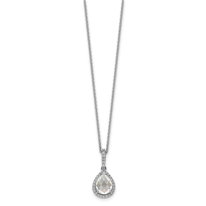 Sterling Silver Cheryl M Rhodium-Plated Checkerboard-Cut And Brilliant-Cut Cz Halo Teardrop 18 Inch Necklace