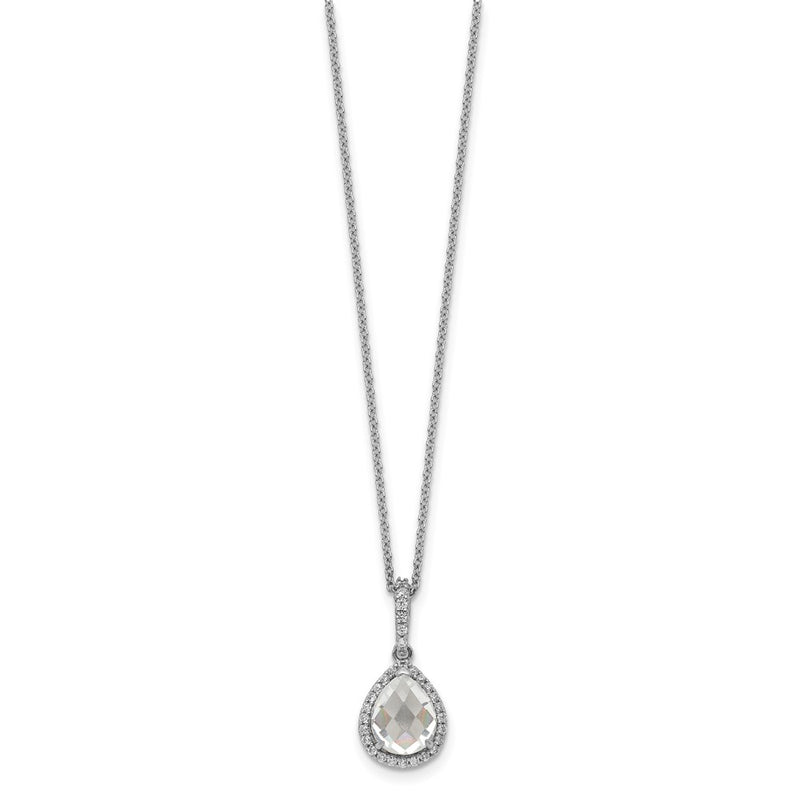 Sterling Silver Cheryl M Rhodium-Plated Checkerboard-Cut And Brilliant-Cut Cz Halo Teardrop 18 Inch Necklace