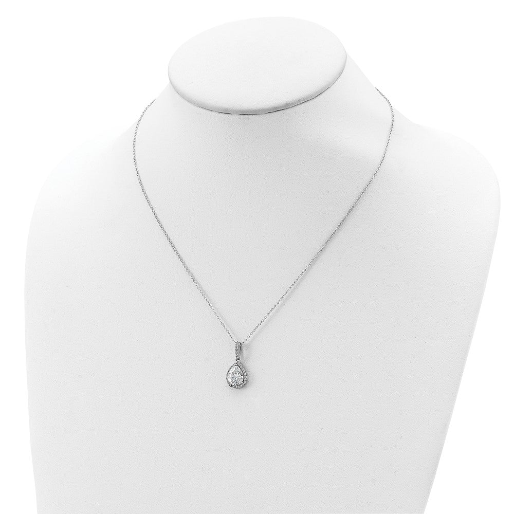 Sterling Silver Cheryl M Rhodium-Plated Checkerboard-Cut And Brilliant-Cut Cz Halo Teardrop 18 Inch Necklace