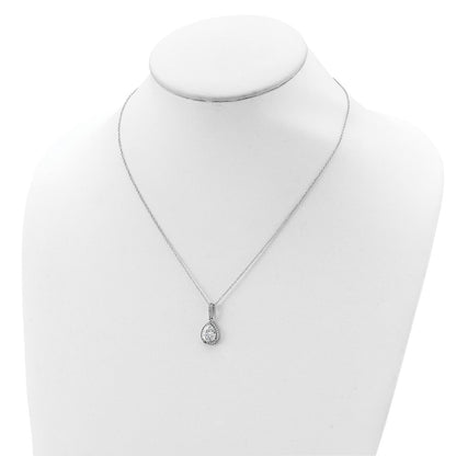 Sterling Silver Cheryl M Rhodium-Plated Checkerboard-Cut And Brilliant-Cut Cz Halo Teardrop 18 Inch Necklace