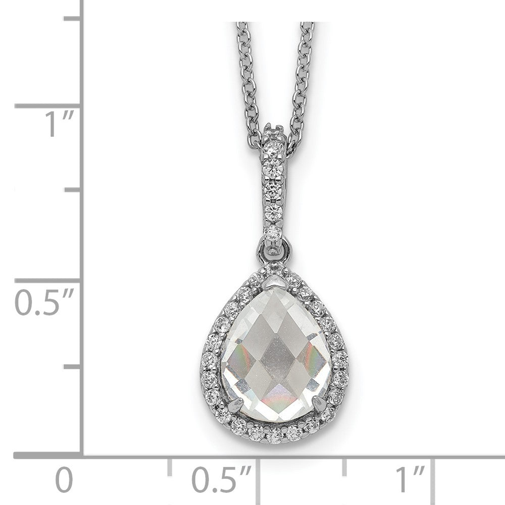 Sterling Silver Cheryl M Rhodium-Plated Checkerboard-Cut And Brilliant-Cut Cz Halo Teardrop 18 Inch Necklace